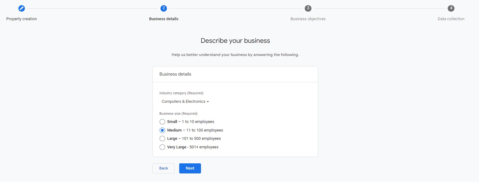 Select your GA4 business size