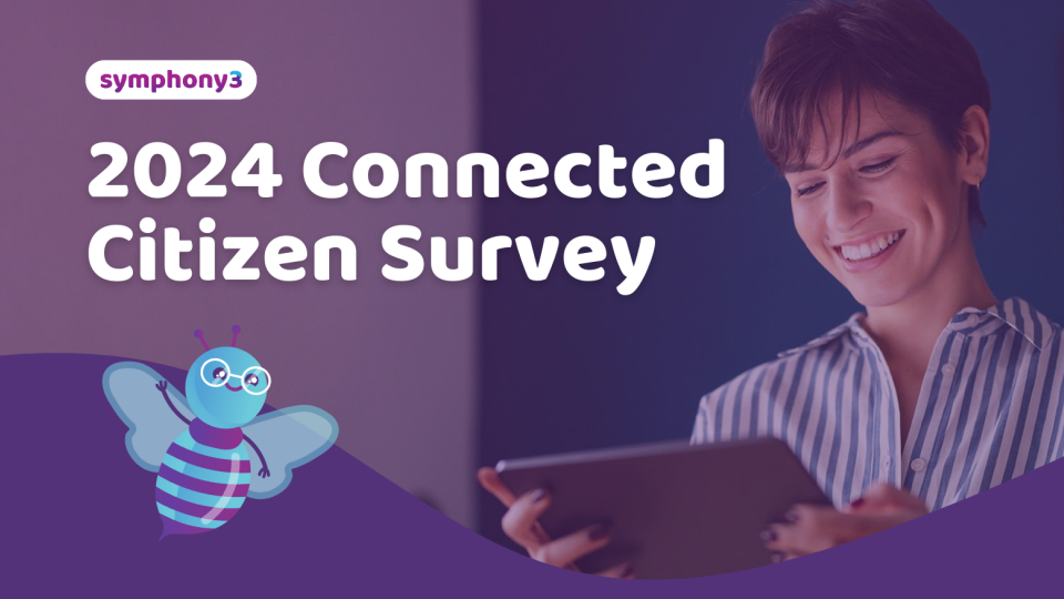 Purple banner promoting our 2024 Connected Citizen Survey with cartoon of Beetrix the Bee and a woman using a tablet
